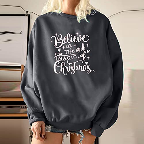 Deskably Christmas Women's Gifts,Pullover O-Neck Tops Winter Fleece Long Sleeve Festival Printed Blouses Ladies Oversized Sweatshirts Gray #TOP3