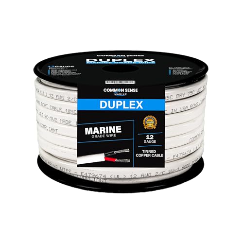 Cable marino de cobre estañado de 12/2 AWG dúplex de 12/2 AWG para barco – 30 pies – chaqueta de PVC blanco, conductor rojo/negro – fabricado en los Estados Unidos