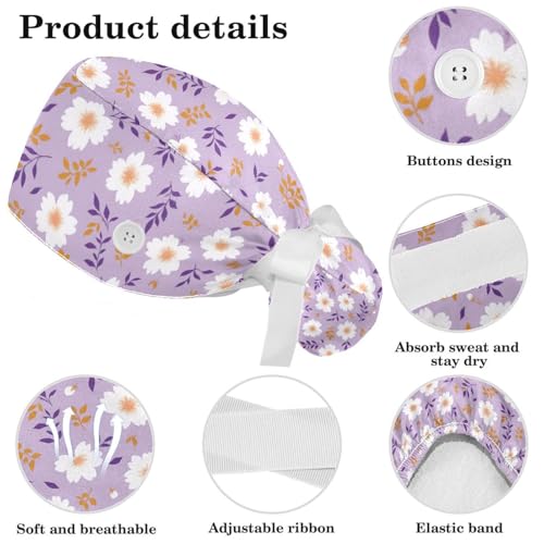 Image of Butterfly Scrub Cap Women with Ponytail & Buttons Adjustable Surgical Nurse Hat with Cotton Sweatband for Long Hair
