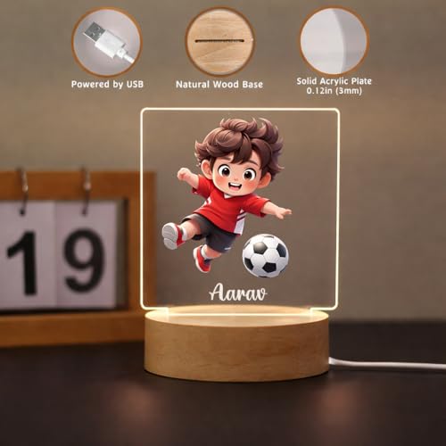 Image of SNAPTRAP LED Name Light Customized | Personalized Football Acrylic Lamp with Wooden Base | Custom Name Night Light for Kids, Boys & Men | USB Powered Sports Room Decor Gift