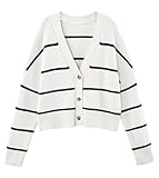 LILLUSORY Women's Cropped Cardigan Oversized Button Sweaters 2025 Fall Trendy Knit Dressy Fashion Outfits Stripes White M