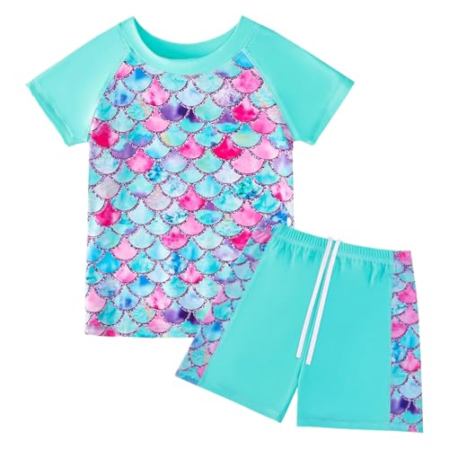 Generisch Bañador para niña con pantalones cortos de manga corta, estampado colorido, protección de secado rápido, para playa y piscina, azul celeste, 5-6 años