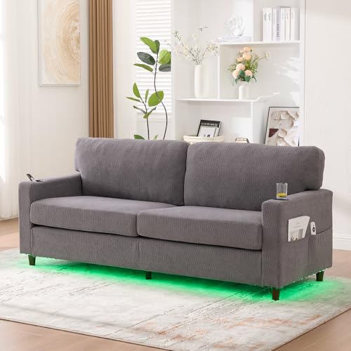 Zweisitzer-Sofa im modernen Design, Sofa mit USB-C, LED-Stimmungsbeleuchtung, 2-Sitzer-Sofa mit Getränkehaltern und Seitentaschen, Chenille-Stoff, geeignet für Wohnzimmer oder Büro, Hellgrau