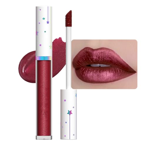 Image of evpct 1Pcs Dark Red Metallic Shimmer Glitter Lip Gloss Liquid Lipstick Long Lasting Waterproof 24, Glitter Pearlescent Metallic Sparkly Glossy Liquid Lipsticks Lip Stain Makeup Set for Women 10#