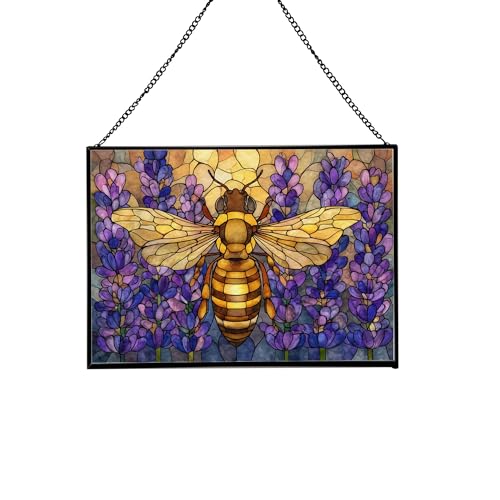 Bee Resting – Lavender Blossom Animal Stained Glass Suncatcher – Rectangular Hanging Window Panel with Artistic Nature Background – Wildlife Glass Art Gift for Animal and Nature Lovers 4thtc5