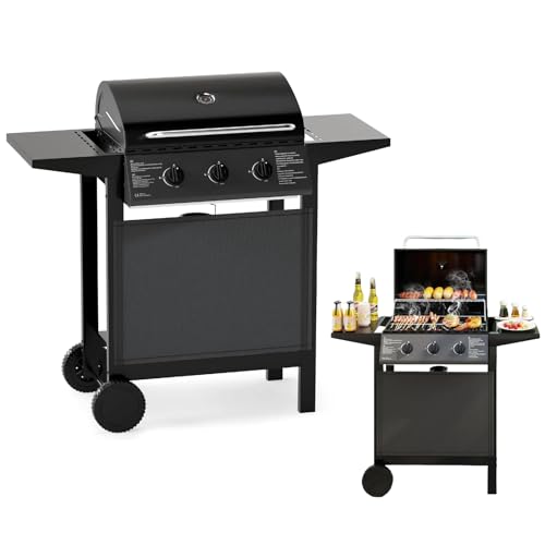 KOMFOTTEU Barbacoa de Gas con 3 Quemadores y Termómetro para Exterior, 24,000 BTU, Barbacoa con 2 Mesas Laterales, Parrilla de BBQ, 2 Ruedas para Jardín, Camping, Patio, 106 x 47 x 98 cm