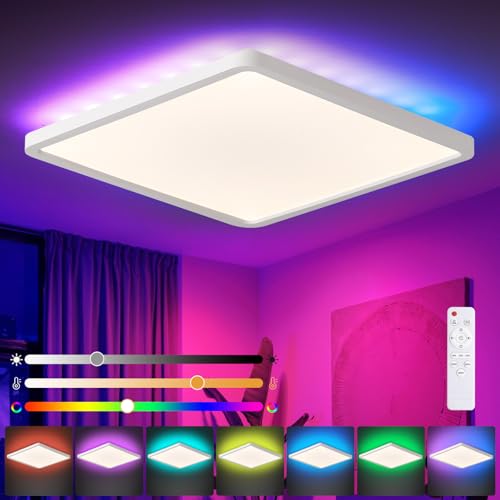 queffigle - queffigle Plafonnier LED carré RGB 30 cm, 3200LM, dimmable 3000-6500K, montage en saillie avec télécommande, luminaire de plafond à profil bas avec minuterie et mémoire, pour chambre, salon