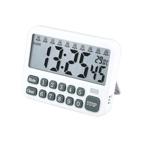 Digital Multifunction Timer with Clock, 10 Preset Alarms, Countup & Countdown, Memory Settings, White