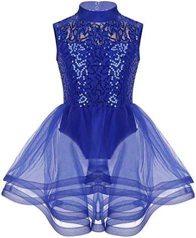 Girls Figure Ice Skating Dress Ballet Dress Leotard Dance Sleeveless Mock Neck Sequins Back Roller Skating Dress Blue 14