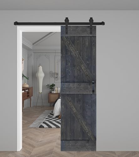 K Series 28in x 84in Carbon Gray Finished Solid Wood Barn Door with Hardware Track - Assembly Needed
