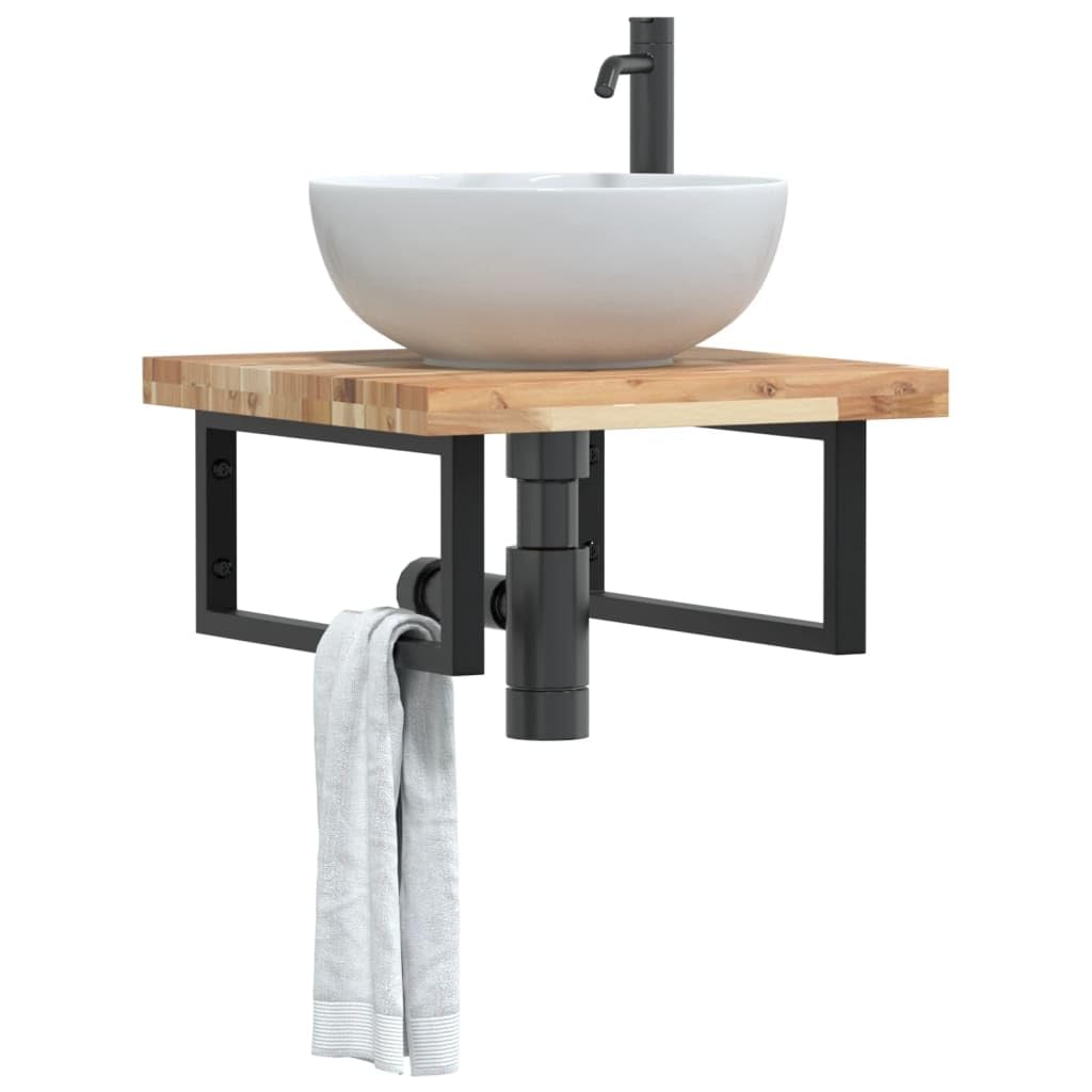 Scaffale per lavabo da parete in acciaio e legno di acacia massiccio, 50 x 50 x 4 cm, supporto rettangolare, portata fino a 100 kg, salvaspazio, per bagno, lavabo e WC degli ospiti, con
