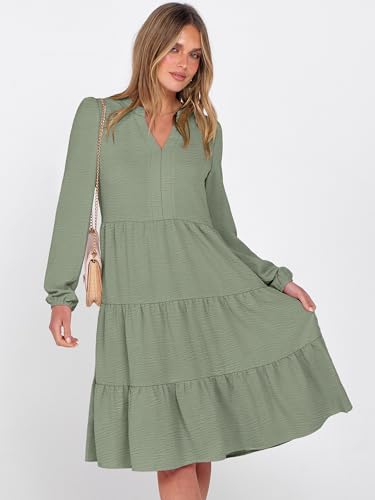 ANRABESS Womens Fall Midi Dresses Long Sleeve V Neck Swing Tiered Work Business Casual 2026 Flowy Beach Vacation Dress Light Green X-Large — view 2