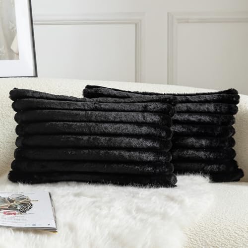MANDIOO Pack of 2 Decorative Throw Pillow Covers Faux Fur Striped Plush Soft Cushion Covers Pillow Cases Bedroom Living Room Sofa Home 12x20 Inch Black