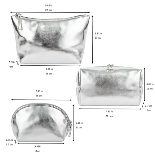 3pcs Make up Bag Set Travel Makeup Bags for Women Leather Cosmetic Bag Toiletry Organizer Bag Personalized Makeup Pouch Skincare Bag Silver2