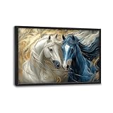 Framed Large Horse Wall Art for Living Room, Oversized Abstract Horses Wall Decor Blue and Golden Canvas Painting Animal Pictures Modern Artwork for Living Room Bedroom Office 36'x24'