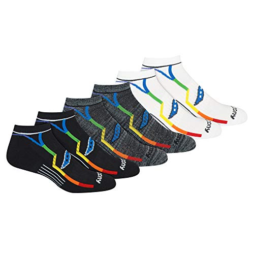 Saucony Men's Multi-Pack Bolt Performance Comfort Fit No-Show Socks, Black Grey White