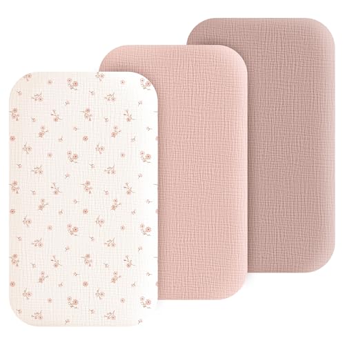 Image of Coreeky Muslin Bedside Sleeper Bassinet Fitted Sheets, 3 Pack Cotton Baby Sheet for Boys & Girls, Soft, Compatible with Baby Delight, Dream On Me, AMKE and Other Rectangle Mattress (Daisy Petal)