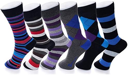 Alpine Swiss Mens Cotton 6 Pack Dress Socks Striped & Argyle Fun Color Pack