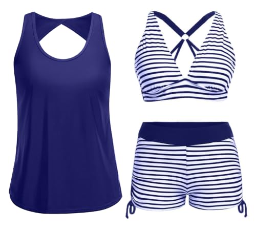 Image of Yonique 3 Piece Tankini Swimsuits for Women Swim Tank Top Bathing Suits with Boy Shorts and Bra Athletic Swimwear