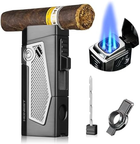 Encendedores de antorcha cuádruple de 4 chorros de metal, llama recargable, para hombres, ideas de regalo (níquel negro)