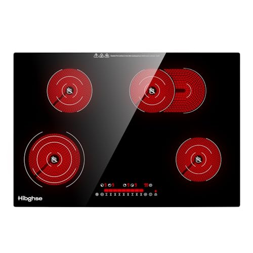 Hibghse 30 Inch Electric Cooktop, Built-in Ceramic Cooktop 4 Burner Stove Top, Radiant Cooktops with Glass Protection Metal Frame, Timer & Safety Lock, 220-240V, Hard Wire (No Plug)