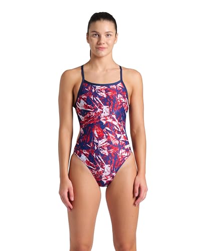 ARENA Women's Crackle Team Print MaxLife Swimsuit Challenge Back One Piece Ladies Bathing Suit Competition Training Athletic Swimwear, Navy/Team Red White Blue, US Size 32