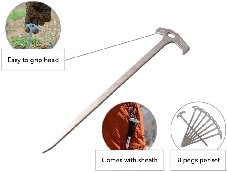 DOD Shakeen Peg Set (L) - 8 Pack Heavy Duty 11-Inch Forged Steel Tent Stakes - Durable Ground Anchors for Tents and Tarps - Silver/Black