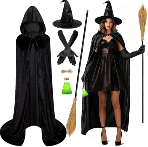 iZoeL Halloween Hexenkostüm Damen, Hexenhut Hexenumhang Hezenbesen | Hexenkostüm mit Hexenhut, Umhang, Besen, Handschuhe, ,Halloween Kostüm Damen, Teufel Kostüm Damen, Karneval Fas