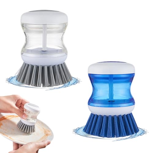 Soap Dispensing Palm Brush, 2PCS Multifunctional Pressing Cleaning Brush, Washing up Brush with Liquid Dispenser for Dishes Pot Pan Sink Cleaning