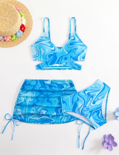 Image of KORADI Girls Swimsuit 3 Pieces V-Neck Bikini Set Printed Cross Front Bathing Suit Drawstring Cover Up Skirt 8-12 Years
