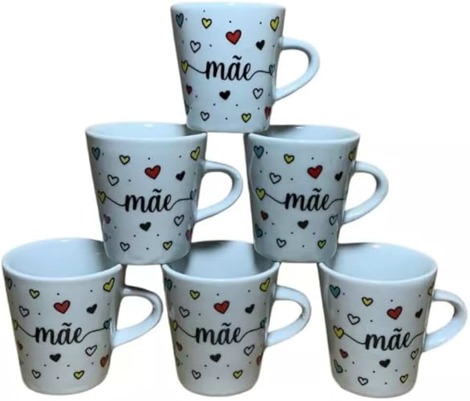 Jogo de 6 Canecas de Porcelana para Chá, Tema Dia das Mães, 120ml, 8cm de Altura, Presente Personalizado