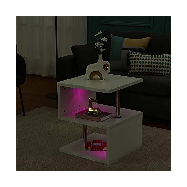 Multifunction S Shape Coffee End Table, 2 Tier Storage Modern Design Side Table storage Shelves with LED Lights for Display White - Image 4