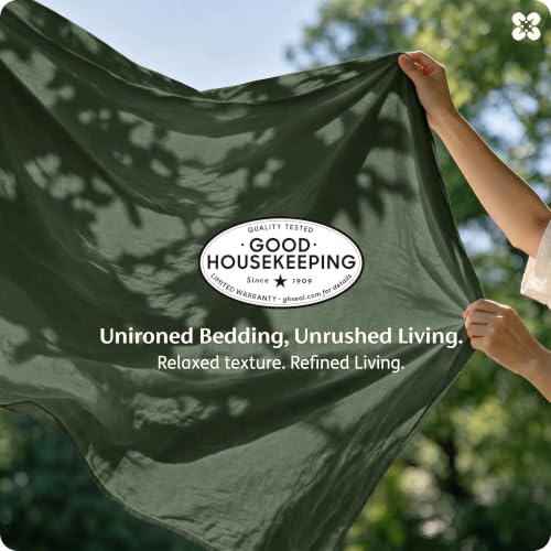 Image of Bedsure PureWoven 100% Washed Cotton Duvet Cover Only, Queen, Olive Green | 1 Duvet Cover, No Pillow Shams, Linen Like Textured, Lightweight & Breathable for All Seasons, Zipper Closure, 8 Corner Ties