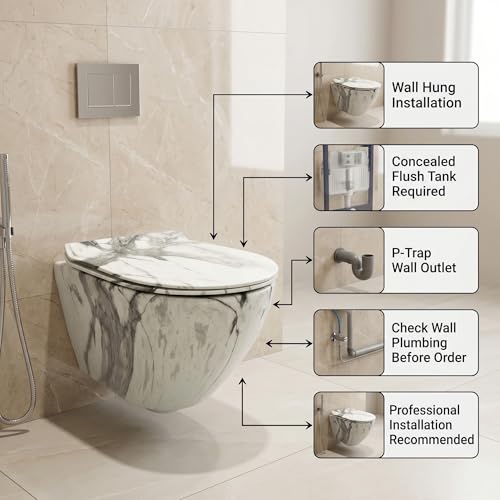 Image of InArt Rimless Ceramic Wall Hung Western Toilet for Bathroom | Wall Mount Commode /EWC /WC /European Water Closet with P-Trap Wall Outlet & Soft Close Seat Cover, White Marble Color