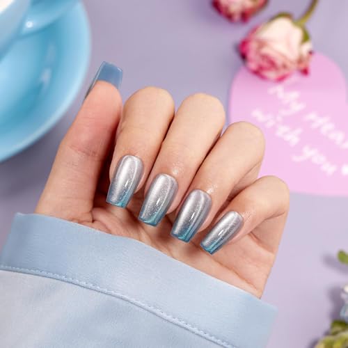 VSALON Coffin Medium Press on Nails, Ice Blue Ombre Cat Eye Gloss...