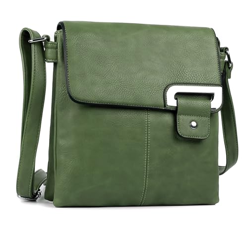 Image of AOSSTA Women's Cross Body Shoulder Messenger Bag Multiple Slip and Zip Pockets Handbag with Storage Pocket Adjustable Strap (Green)