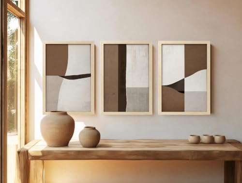 Image of BLINKART Set of 3 BROWN CREAM BLOCK Natural Brown Frame Painting for Wall Decoration - Modern Art Wall Decor Framed Painting for Living Room Bedroom - Framed Wall Posters /Paintings (8X12 inch)