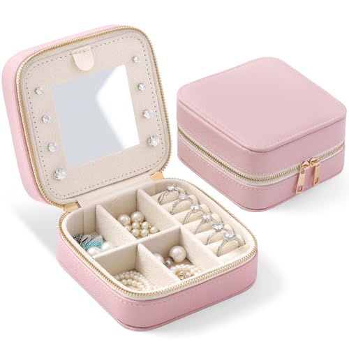 NGVRC Genuine Leather Travel Jewelry Organizer Case with Mirror for Women, Small Mini Portable Jewelry Box for Ring Earrings Necklace Bracelet Luxury Gift for Women（Pink）
