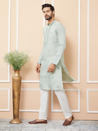 Image of See Designs Men's Long Sleeve Mandarin Collar Side Slit Off-White Embroidered Chanderi Silk Straight Kurta
