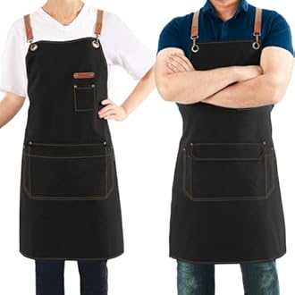 Canvas Apron with Pockets and Cross-back Straps for Chef Kitchen Cooking BBQ, Barista Bartender Barber Shop and Art Gardening Work Professional Aprons - Black