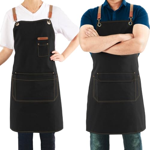 Canvas Apron with Pockets and Cross-back Straps for Chef Kitchen Cooking BBQ, Barista Bartender Barber Shop and Art Gardening Work Professional Aprons - Black