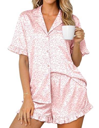 Image of Ekouaer Womens Satin Pajamas Set 2 Piece Button Down Silk Pjs Ruffle Short Sleeve Shorts Set Notch Collar Sleepwear