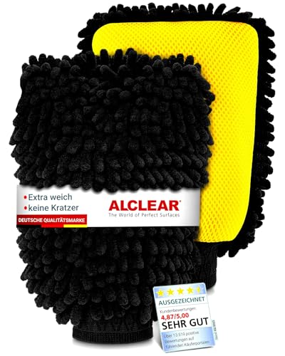ALCLEAR 95C2 Chenille Zottelhandschuhe 2er Set Mikrofasertücher zur Autopflege 22x17cm Waschhandschuh aus 80% Polyester & 20% Polyamid weich fusselfrei lackschonend für Auto & Motorrad