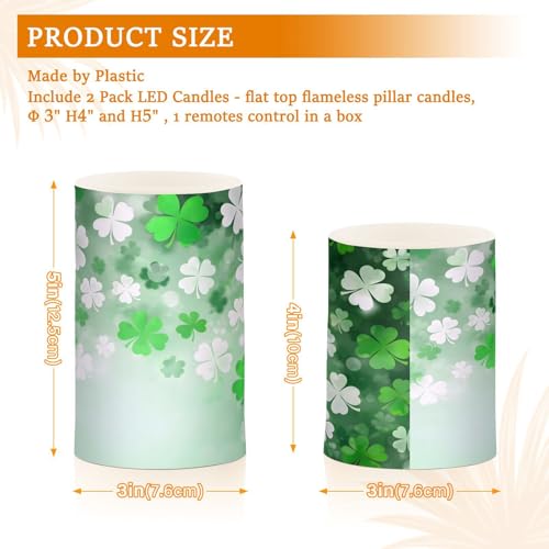 Image of St. Patrick's Day Lights Flameless Candles St Patrick Day White Leaves Pillar Candles Set of 2 Battery Operated Remote Control Warm Lights Home Decor
