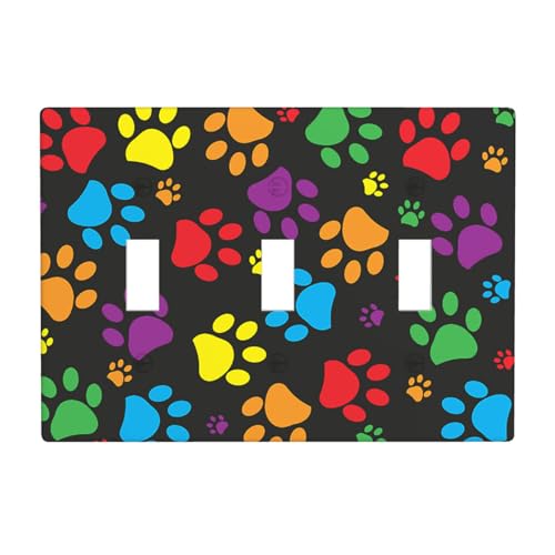 Image of Moslion Cat Dog Paw 3-Gang Switch Plug Covers Animal Pet Footprint Rainbow Color Triple Toggle Wall Plate Light Protector For Home Living Room Bedroom
