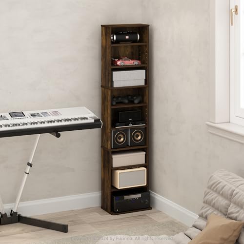 Image of Furinno Jaya DVD Shelf, 9-Shelf Tall Narrow CD Rack, Media Shelf with Adjustable Shelves, DVD Storage Cabinets for CD Bluray Game Disc, Easy Assembly, for Living Room, Home Office, Amber Pine