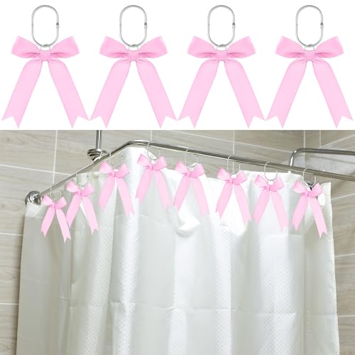 MorningRo 12 Pcs Light Pink Bow Shower Curtain Hooks Cute Bow Knot Ribbon Curtain...
