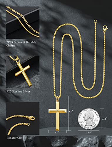 Jowaia 925 Sterling Silver Cross Necklace For Men Durable Men's Crucifix Cross Pendant Necklace Valentines Day Gifts For Boys Men, 2Pc Chain Length 24" #TOP4