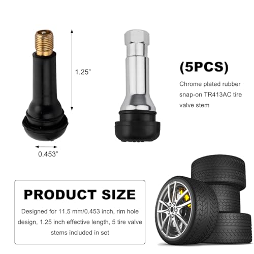 KVAEY 5 PCS TR413AC Tire Valve Stems, Chrome Rubber Tubeless Valve Stems Suit for 0.453 inch Rim Holes, Snap-in Tyre Metal Stems for Standard Vehicle Tires, Car Accessories (Black) - Thumbnail 2