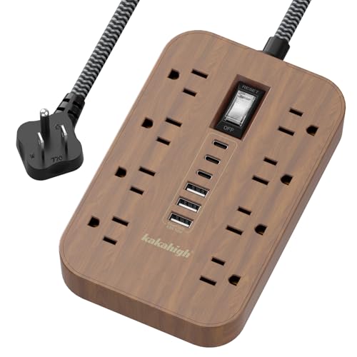 Walnut Power Strip with USB Ports - 5 FT Wood Power Strip, 1625W Decorative Extension Cord with 6 AC Outlet 3 USB, for Brown Tan Wood Walnut Grain Aesthetic Vintage Rustic Desk Accessories Decor